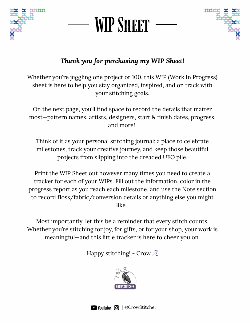 Cross Stitch WIP Sheet