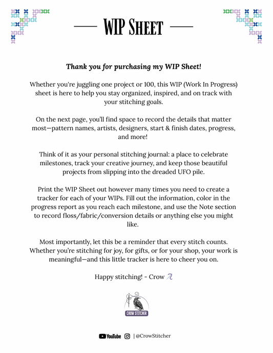 Cross Stitch WIP Sheet