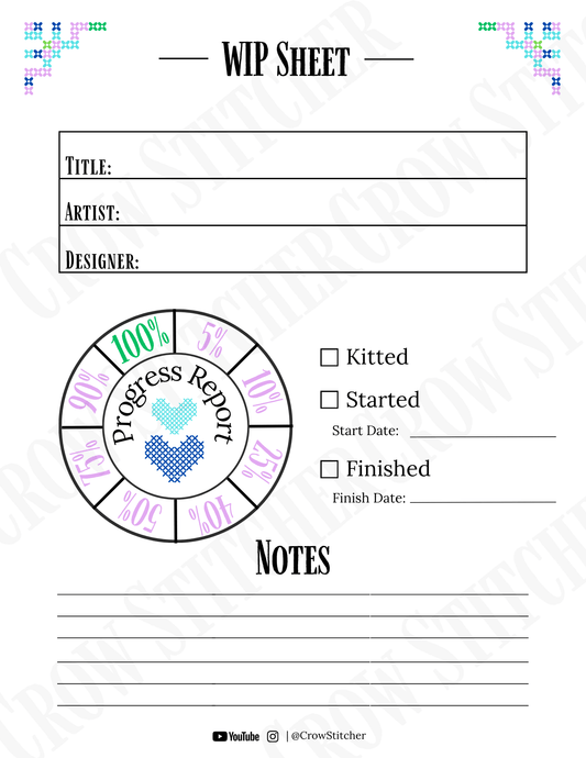 Cross Stitch WIP Sheet